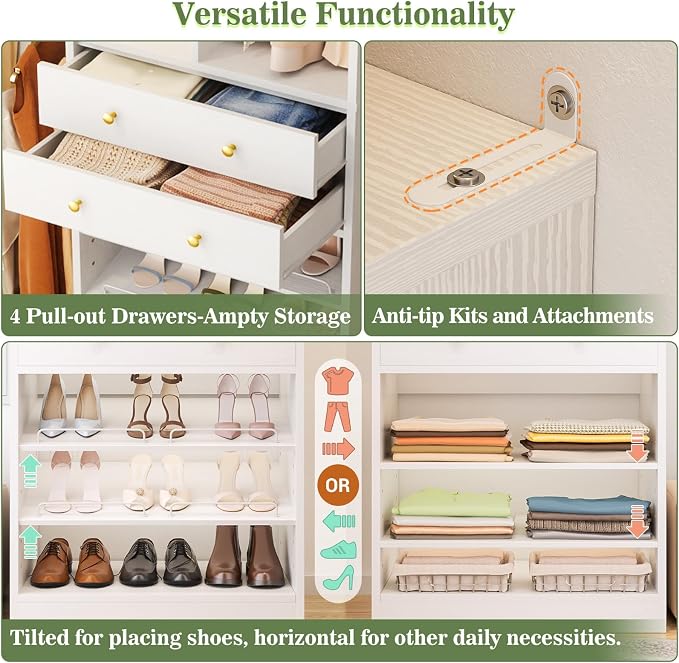 Besiost Closet System, Up to 128.6"/10.7 FT Closet Organizer with 4 Wooden Drawers and Shelves, Walk-in Closet System with 6 Hanging Rods, Built-in Closet Can Fit 96"/8FT, 120"/10FT, White Set 2