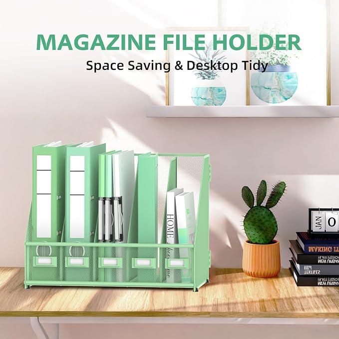 5 Vertical Compartments Magazine Holder, Metal Binder Organizer, Mint Green | Space-Saving Desktop Storage, Built-In Label Holders, Anti-Slip Feet, Sized for Binders, Folders, Magazines and Files
