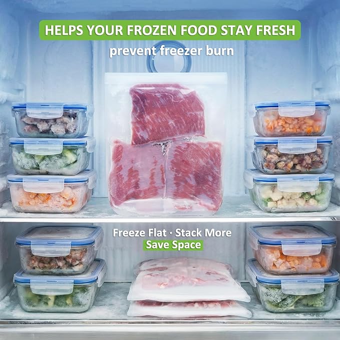 100% Silicone Flat Gallon Freezer Bags, 4 Pack Extra Large Reusable Silicone Ziplock Bags Gallon Size for Freezer, Double Zipper Seal, BPA & Microplastic Free, Freezer Microwave Sous Vide Safe, Clear