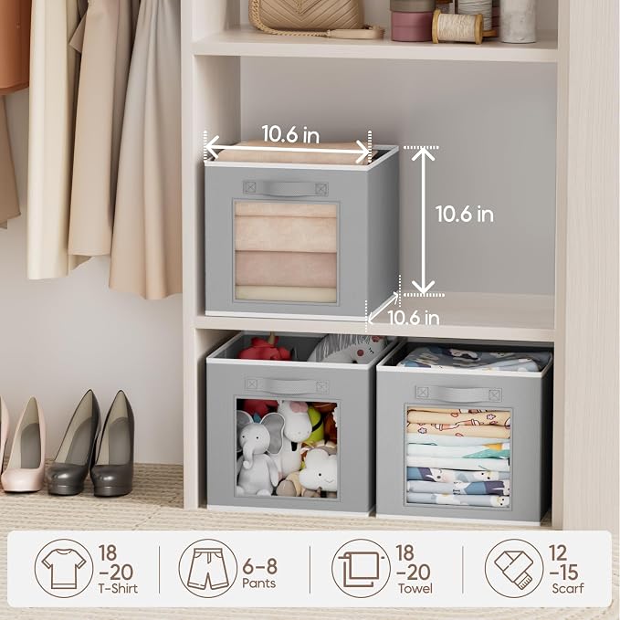 Homsorout Foldable Storage Cubes - Cubby Storage Organizer with Window, 11 Inch Baskets for Organizing, Collapsible Fabric Storage Cubes for Shelves, Closet, 10 Pack, Grey