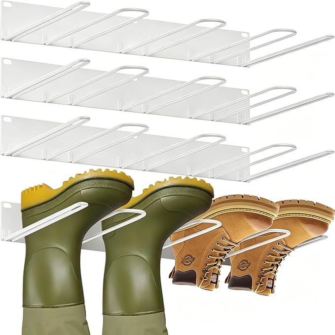 Boot Rack 8 Pairs Wader Hangers Metal Boot Hangers Wall Mount Holds- Boots Storage Organizer Tall Boots Holder for Cowboy Garage Storage Closet Entryway Outdoor Drying White 4 Pack
