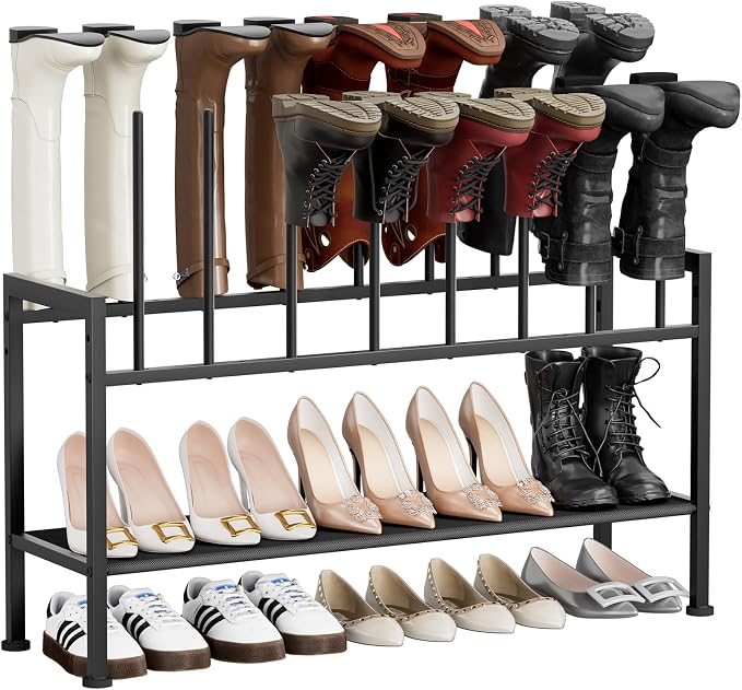 DIMJ Boot Rack 3-Tier - Black Metal Boot Storage Rack for Tall Boots Organizer Tall Boots, Multiuse Shoe Rack for Boots, Sneakers, High-Heel, Entryway, Fit for 8 Pairs, Black