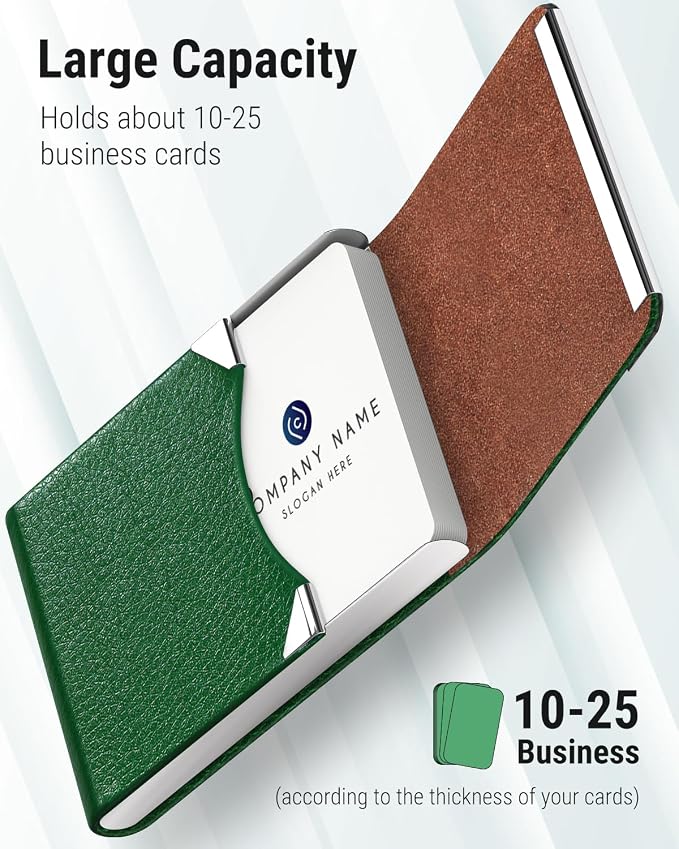 MaxGear Business Card Holder, PU Leather Business Card Case, Dark Green | Stainless Steel Interior, Magnetic Closure, RFID Blocking, Holds 15–25 Standard Business Cards