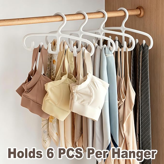 Tank Top Hangers 2 PCS, Space Saving Closet Organizer with 6 Hooks, Durable PP Hangers for Camisoles Bra Scarf, Tie, Belt, Hat, Handbag, White