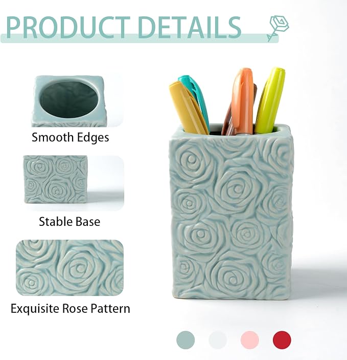 Rose Flower Pen Holder, Ceramic Sculpted Square Pencil Holder, Desk Container Office Decor, Cosmetic Brushes Organizer for Home(Blue)