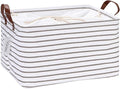 Hinwo 31L Large Storage Bins, Closet Organizers and Storage, Shelf Baskets, Foldable Clothes Storage Baskets with Handles, Containers for Clothing, Blanket, Towels, Toys, Bedding (Gray Stripe)