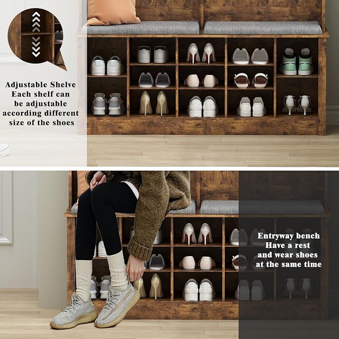 Wodeer Hall Tree with Bench and Shoe Storage, 53" Farmhouse 4-in-1 Mudroom Storage Organizer with Coat Rack, 6 Hooks, 12 Shoe Cubbies, Adjustable Shelf, for Entryway, Hallway, Living Room, Brown