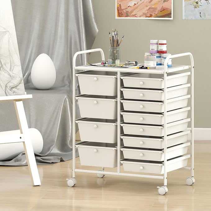 RELAX4LIFE 12-Drawer Rolling Storage Cart - Mobile Utility Drawer Carts | White Metal Frame & Drawers, Rolling Mobility Wheels; Craft Storage For Classroom School Home Office Utility Organization