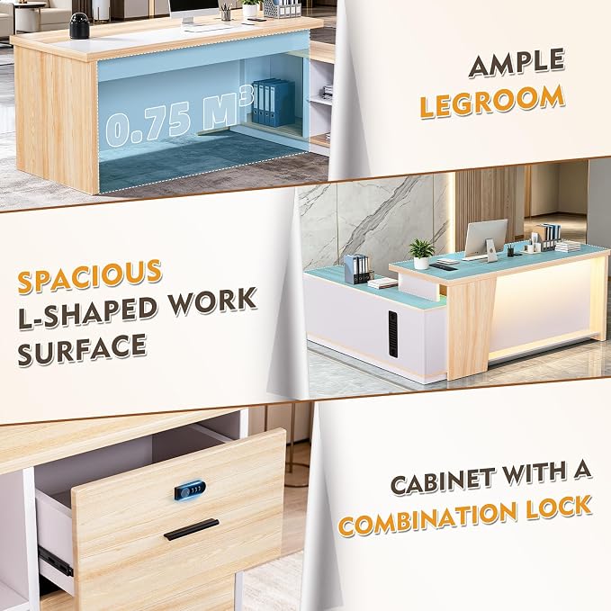 Ceridwen L-Shaped Large Wooden Reception Desk with LED Ambient Light, Power Outlet & Lockable Drawers, Modern Corner Office Desk with Storage & Charging Station for Home Office & Business