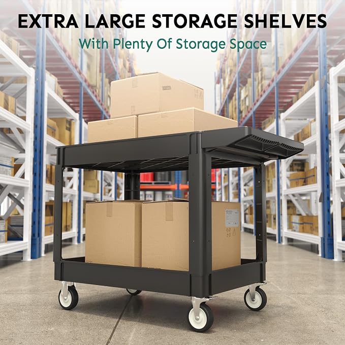 Plastic Utility Cart on Wheels, 45 x 25 Inch Rolling Service Cart-Black | 2 Shelf Work Carts, 500 lbs Capacity Heavy Duty Tool Cart W/Tub Storage & Deep Shelve, for Warehouse, Garage, Cleaning