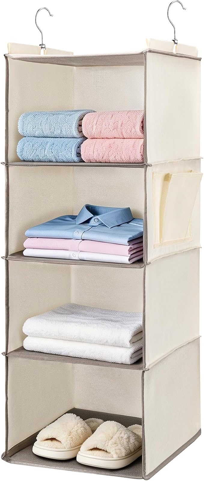 BOOMIBOO Hanging Closet Organizer and Shelves, 4 Shelves with 1 Side Pockets, Foldable, Grey Fabric, Modern Style, for Bedroom and Dorm Room (Beige)