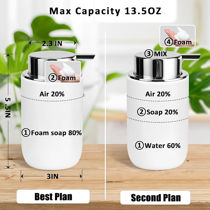 Soap Foaming Dispenser Ceramic with Easy-to-Press Pump Hand Foam Dispenser for Shampoo Bathroom Countertop 13.5 oz