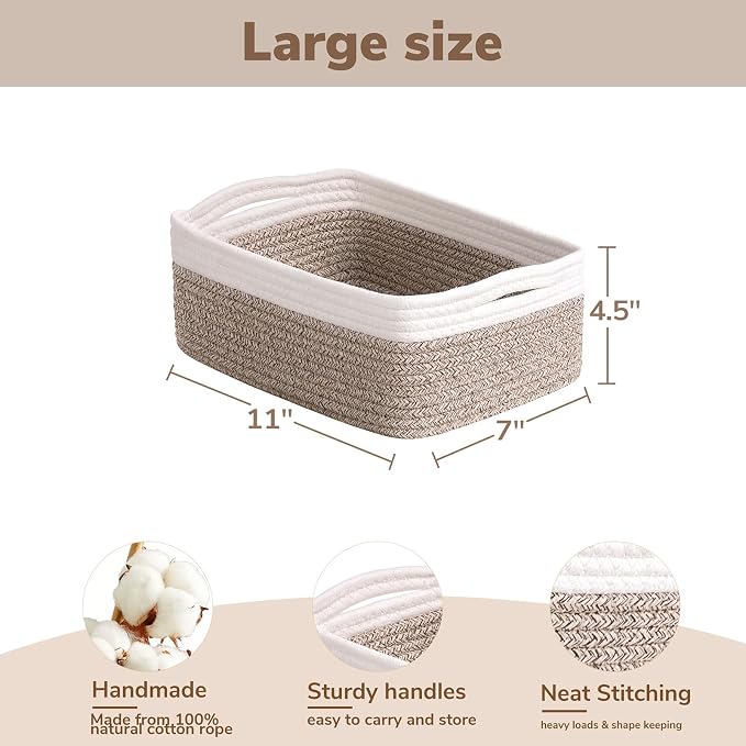 Goodpick Baskets for Organizing, 11 x 7 x 4.5 in, Baskets for Shelves, Toy Storage, Home Decor, Dorm Decor 3 Pack for Bathroom, White & Light Brown