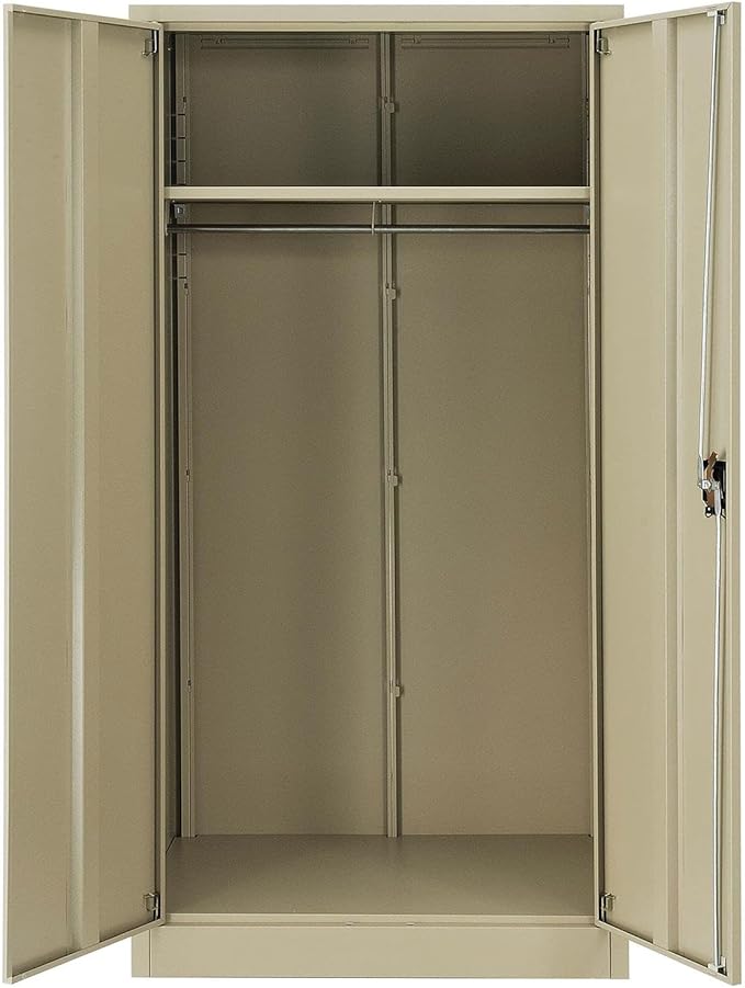 Global Industrial Wardrobe Storage Cabinet with Garment Rod, Steel Construction, Recessed Handle with Keyed Lock, 300 lbs Shelf Capacity, 36" W x 24" D x 72" H, Tan, Easy Assembly