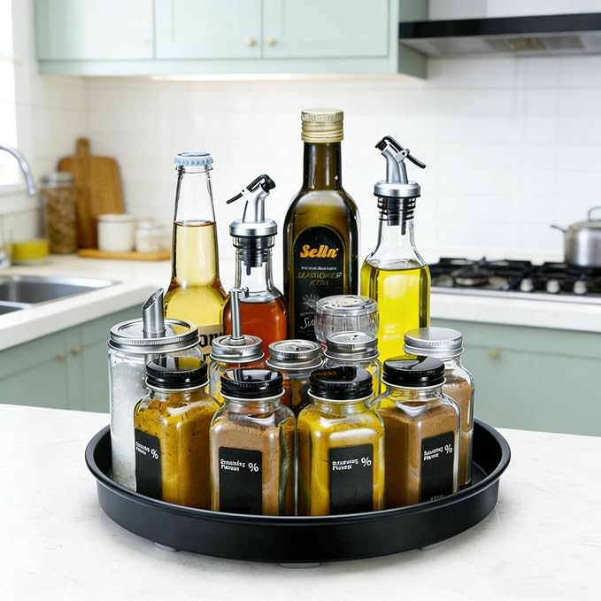 Amolliar Lazy Susan Turntable Organizer, Rotating Metal Spice Rack for Cabinet, Kitchen, Fridge, Pantry Storage, Condiment Organizer, Tray for Household Purpose, Under Sink Organizer, 10" 2 Pack Black