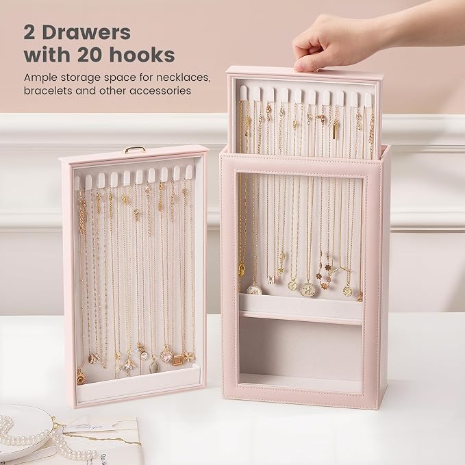 Lolalet Necklace Organizer Box, Jewelry Storage Box with Clear Window for Necklaces Bracelets, Tangle-Free Necklace Display Case for Women Girls, Pink, 2 Layers 20 Hooks