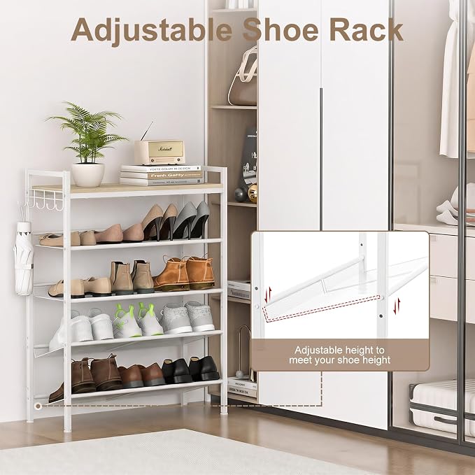 Refrze Shoe Rack for Front Door Entrance, 4 Tier Height-Adjustable Metal Shoe Rack, Sturdy Wooden Top and Tiltable Steel Frame Heavy Duty Shoe Organizer for Bathroom,Bedroom,Kitchen, Include Hook