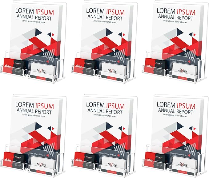 NIUBEE 6-Pack Acrylic Brochure Holder 8.5*11 inches , Clear Brochure Display Stand with Acrylic Business Card Holder, Plastic Flyer Display Stand for Magazine, Pamphlet, Booklets, Menu, Journals