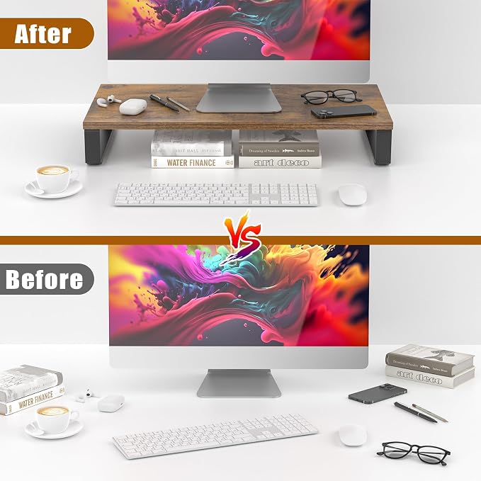 XINYAO Wood Monitor Stand Riser for Desk, 24x12x3 inch, Rustic Brown | Sturdy wooden & steel computer monitor riser; ergonomic height reduces neck strain; Organizer for Office Laptop, PC, Printer