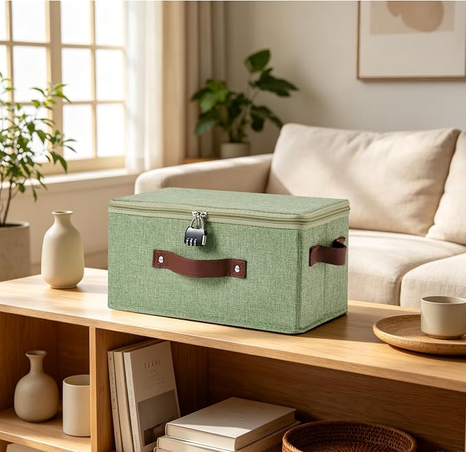 Storage Bins Boxes with Zipper Lid Combination Lock PU Leather Handles Cotton Linen Fabric Lockable Baskets DVD CD Case Foldable Closet Shelf Organizer Container (Light Green, 13"x 6"x 6")