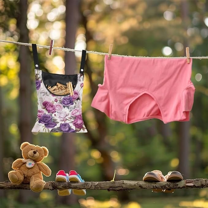 Purple Rose Handy Laundry Clothespin Bag Holds 100 Medium-Sized Clothes Pins, Waterproof Polyester Material, 2 Ropes for Hanging and Effortlessly Sliding on Clothesline