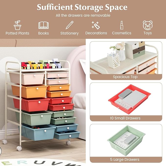 LUARANE Rolling Cart with 15 Drawers, Craft Storage Cart with Portable Handles & Lockable Wheels, Mobile Toys Organizer, Large Capacity Utility Drawer Cart Home Office School Teacher (Macaron)