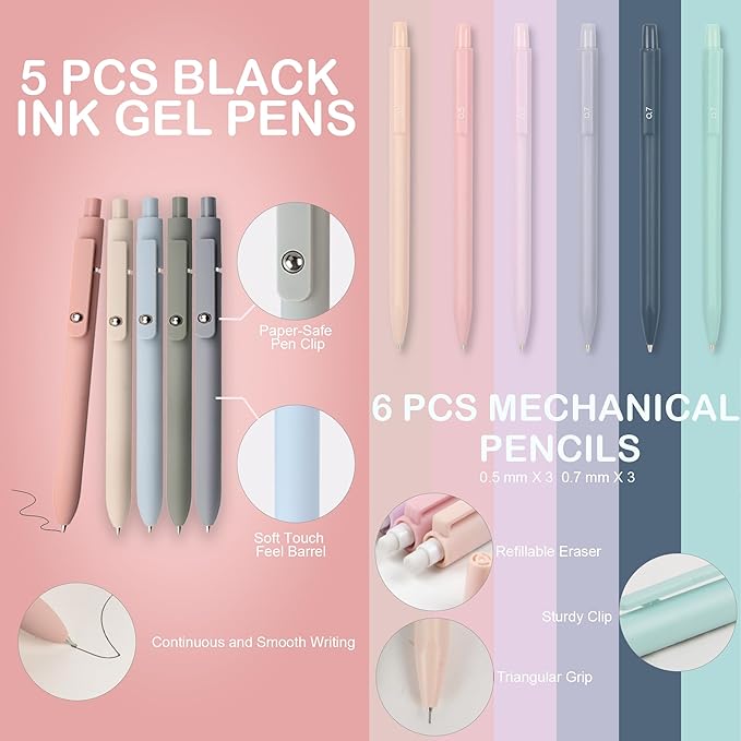Aesthetic School Supplies with Pencil Pouch - 57 Pcs Cute College Essentials Set, Big Capacity Pen Case, Eraser Holder, Pastel Highlighters, Bible Study Journaling Stationary Kit for Girls Teens