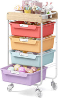 Rolling Craft Storage Cart with 4 Drawers,Utility Cart with Drawers,Art Craft Organizers and Storage,Kids Craft Cart,Kids Art Cart With DIY Lable and Wooden Tabletop Area,Jelly Bean Color