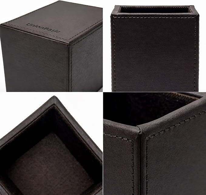 UnionBasic Square Pen Holder, Leather Pencil Cup, Desktop Caddy Stationery Organizer (Coffee)