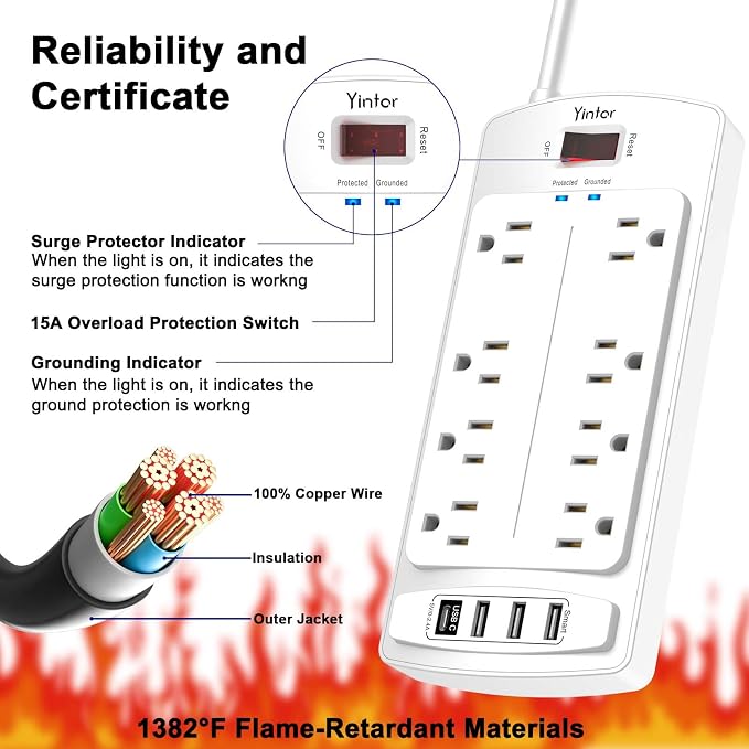 Surge Protector Power Strip, Yintar 10 Feet Flat Plug Extension Cord with 8 AC Outlets and 4 USB Ports, 2700 Joules, ETL Listed, White