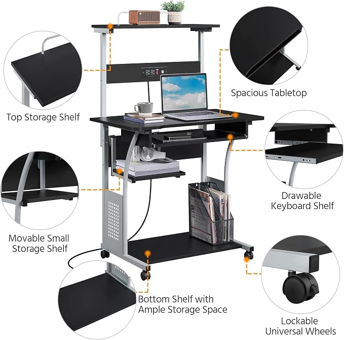 Topeakmart Rolling Computer Desk with Charging Station and 2 USB Ports for Small Space, Study Writing Desk with Keyboard Tray and Printer Shelf for Home Office, Compact Study Table with Wheels, Black