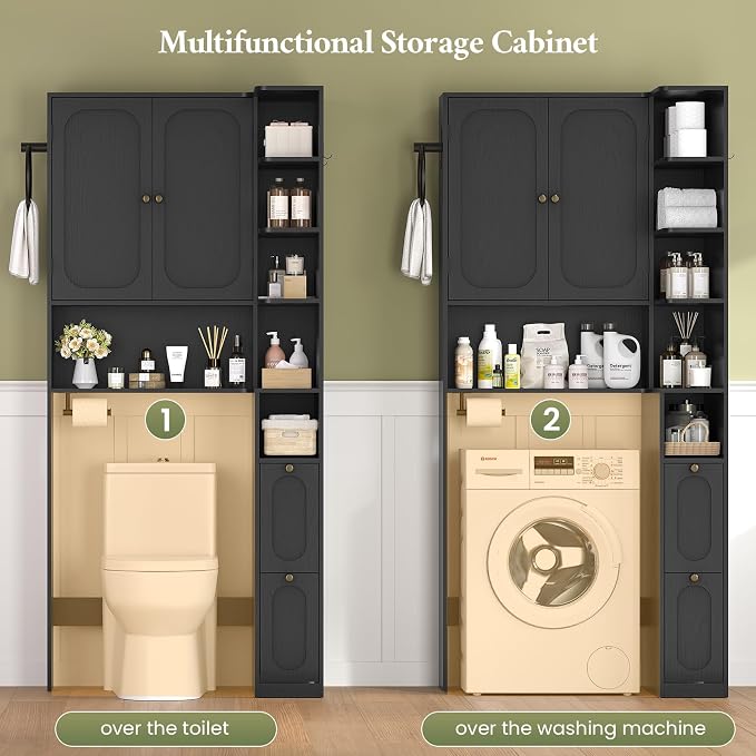 7-Tier L-Shaped Wooden Over the Toilet Storage Cabinet with Doors, Modern Over Toilet Bathroom Organizer Shelf with 2 Large Drawers, Bathroom Over Toilets Storage Cabinet, Space Saver, Black
