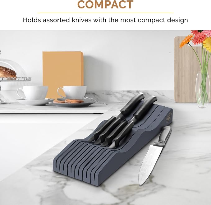 Grey Knife Drawer Organizer - In Drawer Knife Block with 16 Knife Slots, Bamboo Knife Holder Insert, Safe Blade Down Knife Storage Tray for Kitchen Drawers, Cutlery Utensil Holder, Knife Rack, Gray