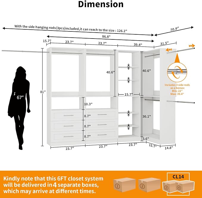 Closet System with 6 Drawers, Corner Closet Organizer Systems with 8 Shelves & 7 Hanging Rods L-Shaped Walk in Closet Freestanding Corner Tower Modular Storage System 3 Sets 2100+ Lbs Capacity White