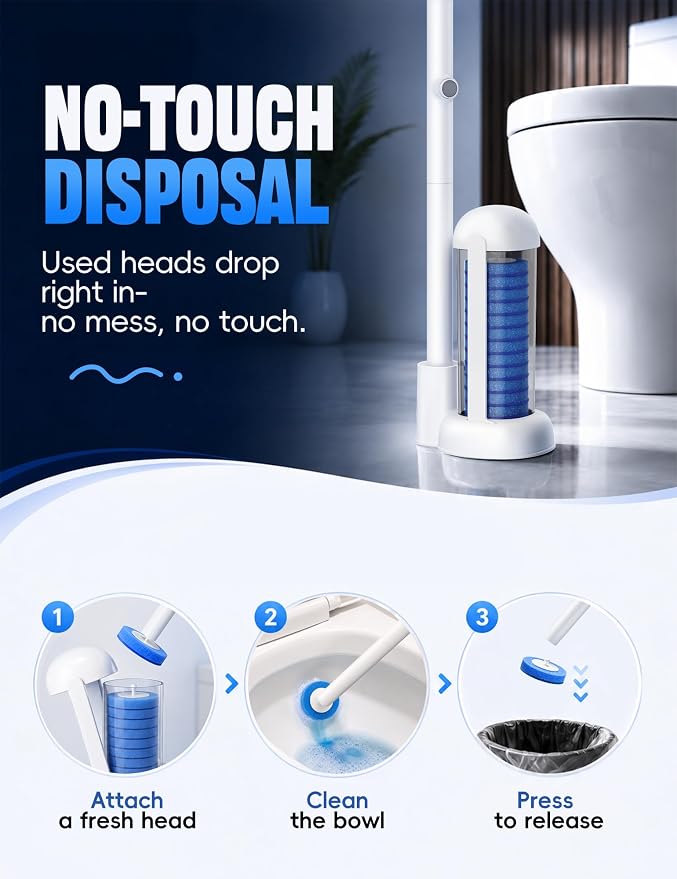 Toilet Brush Kit, Disposable Toilet Bowl Cleaner Brush with Blue Replacement Heads, Press-Button Wand and Self-Closing Freestanding Holder (Toilet Brush + 35 Refills)