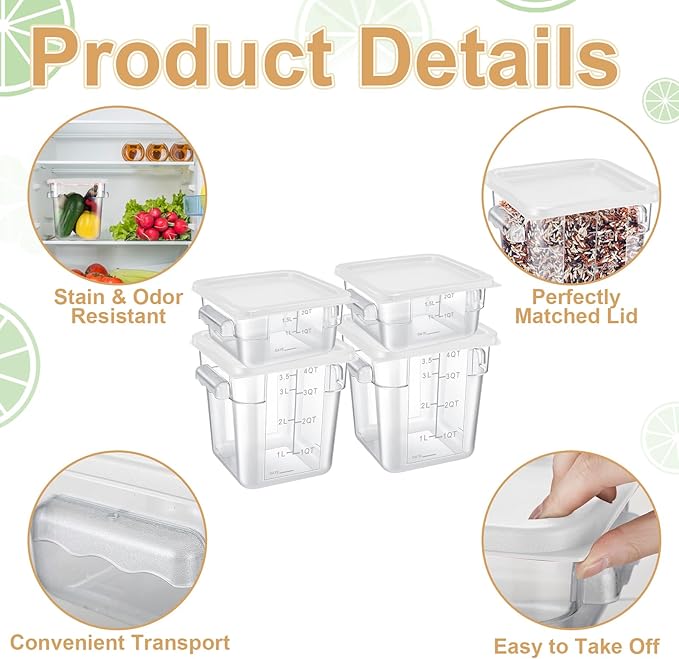 Barydat 4 Pcs Square Food Storage Containers with Lids Measurement Scales, 2qt & 4qt Clear Plastic Stackable Containers for Dough Proofing Baking Kitchen Restaurant and Pantry Organization(White)