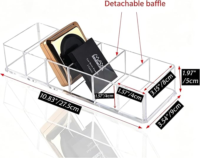 6-Compartment Clear Acrylic Organizer with Detachable Dividers, Eyeshadow Palette & Cosmetic Holder for Vanity Drawer, Cosmetic Station & Makeup Desktop