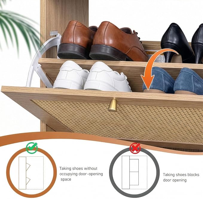 Karl home Natural Wood Rattan Shoe Cabinet, Entryway Storage Organizer | Hidden Shoe Rack with 3 Tilt-Out Compartments for Heels, Slippers and Casual Shoes, Space Saving Entryway Furniture