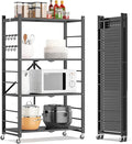 4 Tier Folding Storage Shelf with Wheels – Heavy Duty Metal Organizer Rack, No Assembly Utility Shelving Unit with Locking Casters for Garage, Kitchen, Pantry, Basement, Office (Black-A, 4 Tier)