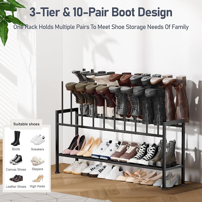 DIMJ Boot Rack 3-Tier - Black Metal Boot Storage Rack for Tall Boots Organizer Tall Boots, Multiuse Shoe Rack for Boots, Sneakers, High-Heels, Entryway, Fit for 10 Pairs, Black