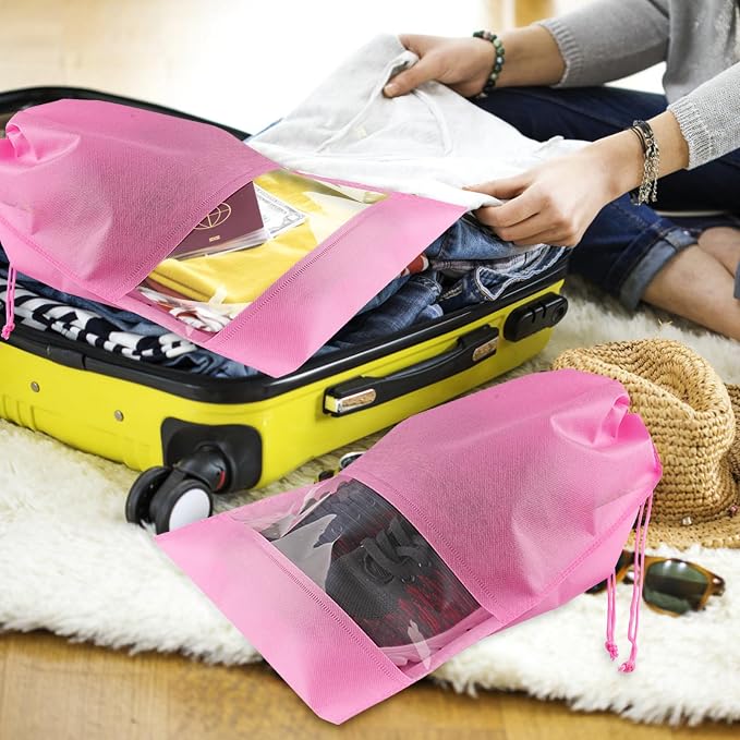 12 Pack Shoe Bags for Travel, Large Travel Shoe Bags for Packing with Clear Window, Dustproof Drawstring Travel Shoe Storage Bags Travel Essentials for Men & Women, Pink
