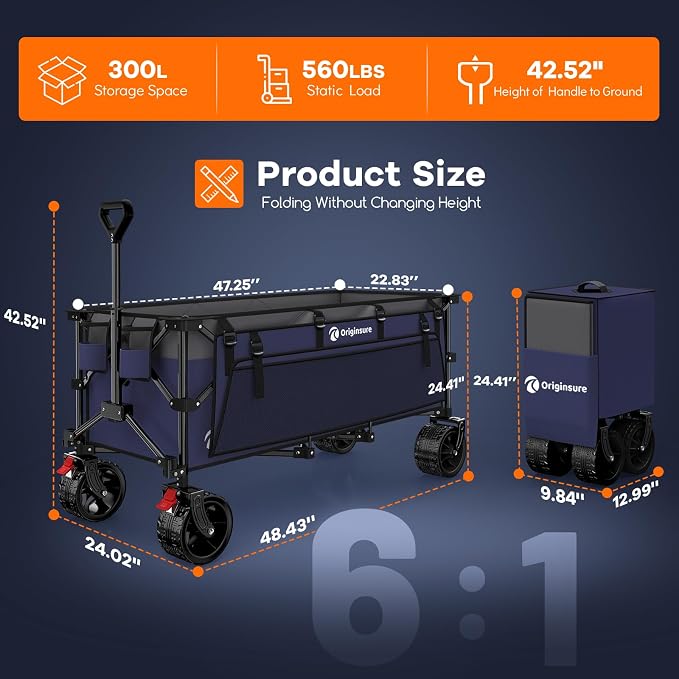 Originsure 48" L Collapsible Wagon Cart Foldable, 560lbs Weight Capacity 300L Heavy Duty Folding Beach Wagons with Big All-Terrain Wheels, Utility Carts for Groceries, Camping, Sports - Grey&Purple