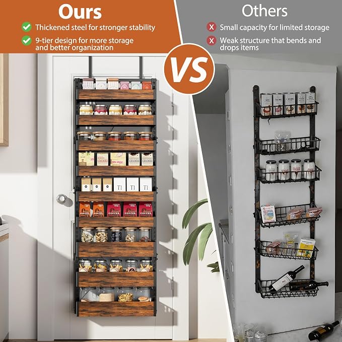 Over the Door Pantry Organizer: Pantry Organization and Storage with Hanging Basket - 9-Tier Metal Spice Rack Adjustable Shelves for Kitchen Bedroom Bathroom & Laundry Room Black