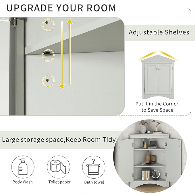 Corner Storage Cabinet with Adjustable Shelves, Triangle Bathroom & Kitchen Organizer, Freestanding Floor Cabinet for Toilet Kitchen Bathroom Cleaning Supplies (Gray)