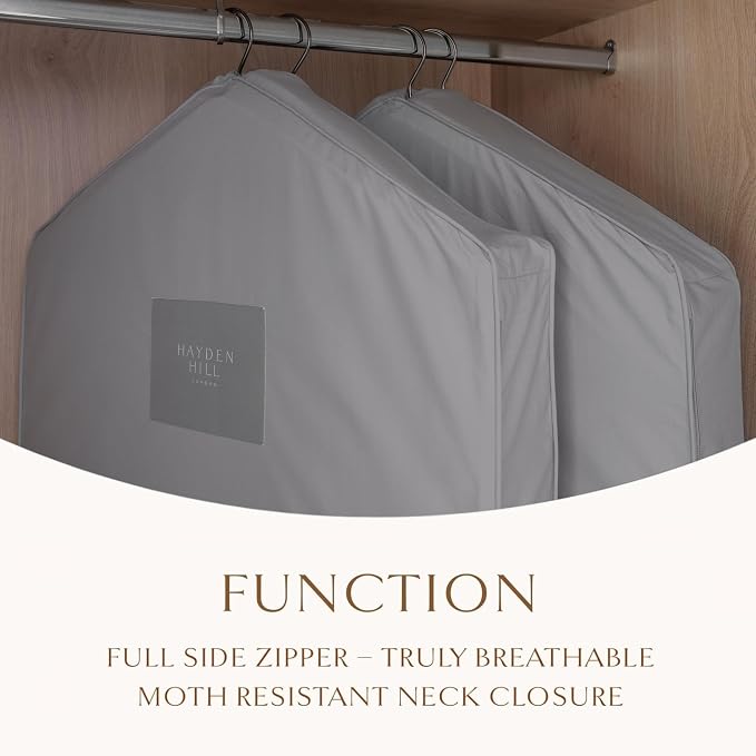 Hayden Hill Luxury Organic Cotton Garment Bag for Hanging Clothes Long 58" | Full Length Breathable Dress Bag, Moth Proof Hanging Garment Bags For Closet Storage, Certified Carbon Neutral, Gray