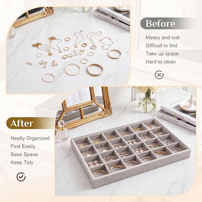 Unittype Set of 4 Stackable Jewelry Organizer Tray for Drawer Inserts Velvet Necklace Earring Bracelet Ring Holder Jewelry Display Storage Box for Bangle Stud Necklace Ring(24 Grid,Gray)