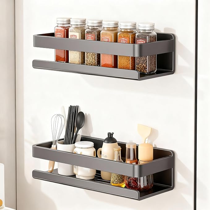 4 Pack Metal Magnetic Shelf, Small Kitchen Organization | Include Magnetic Spice Rack for Refrigerator,Magnetic Paper Towel Holder,Magnetic Hooks,Space-saving Storage rack