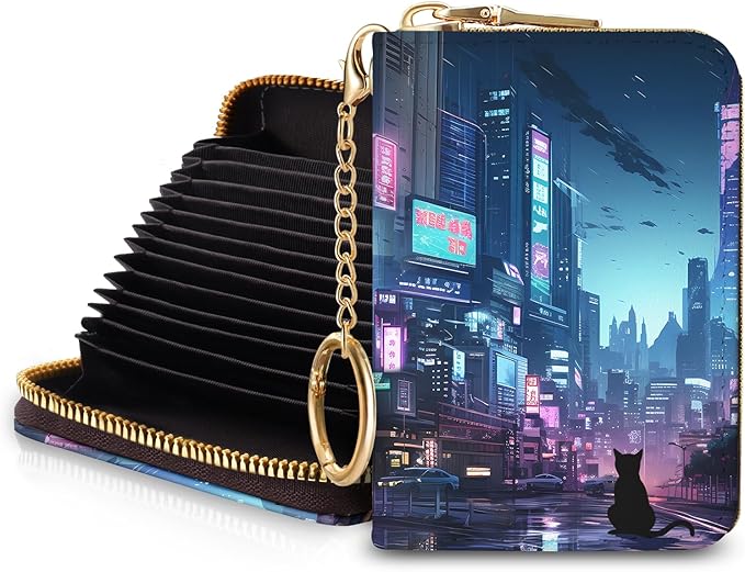 Blusabaca RFID Credit Card Holder Small Women Travel Wallet, Cyberpunk Art | Removable Keychain, Case with Zipper, Vegan PU Leather, Cash Coin Pocket, Business Accordion Purse, Ladies Female Gift