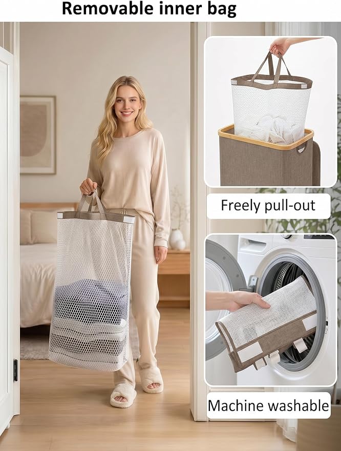 iEGrow Laundry Hamper with Lid, 110L Large Laundry Basket with Handle, Collapsible Clothes Basket Organizer with Removable Inner Bag for Clothes Towels -Brown