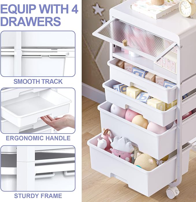 SYKIARIOL Utility-Rolling-Storage-Drawer-Craft-Cart-Organizers with 4 Drawers & Dust-proof Door for Kid Craft Art Room,Bedroom,Home Office, 4 Tiers Drawer cart, White